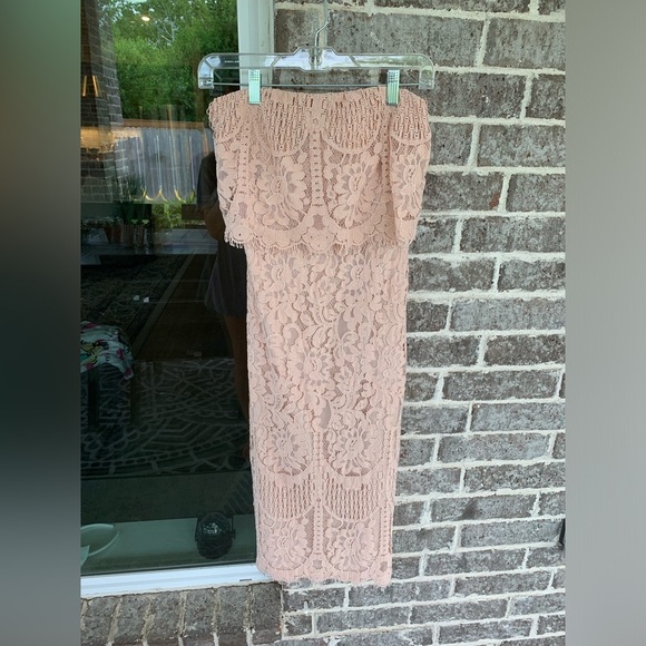 Lulus Delia Blush Pink Lace Strapless Midi Dress - Picture 3 of 8